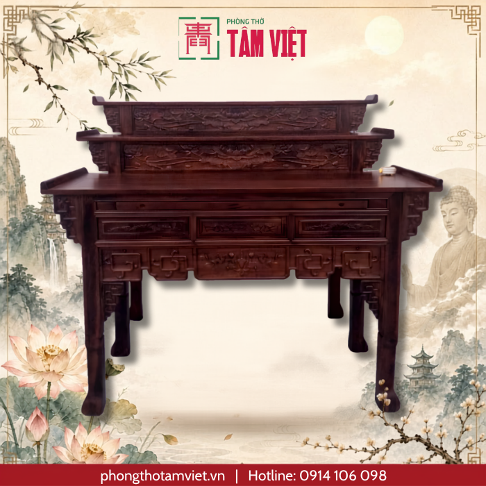 Bàn thờ gỗ Chiuliu 3 tầng 154cm kết hợp bộ Tam Sơn và đồ thờ cao cấp | Phòng Thờ Tâm Việt