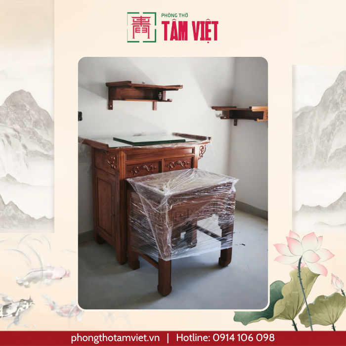 Bàn thờ gỗ Chiuliu 2 tầng và tủ thờ gỗ Hương đồng bộ | Phòng Thờ Tâm Việt