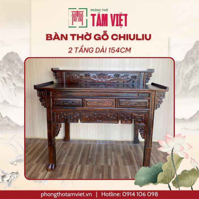 Bàn thờ 2 tầng gỗ Chiêu Liêu hoa sen 154cm | Phòng Thờ Tâm Việt