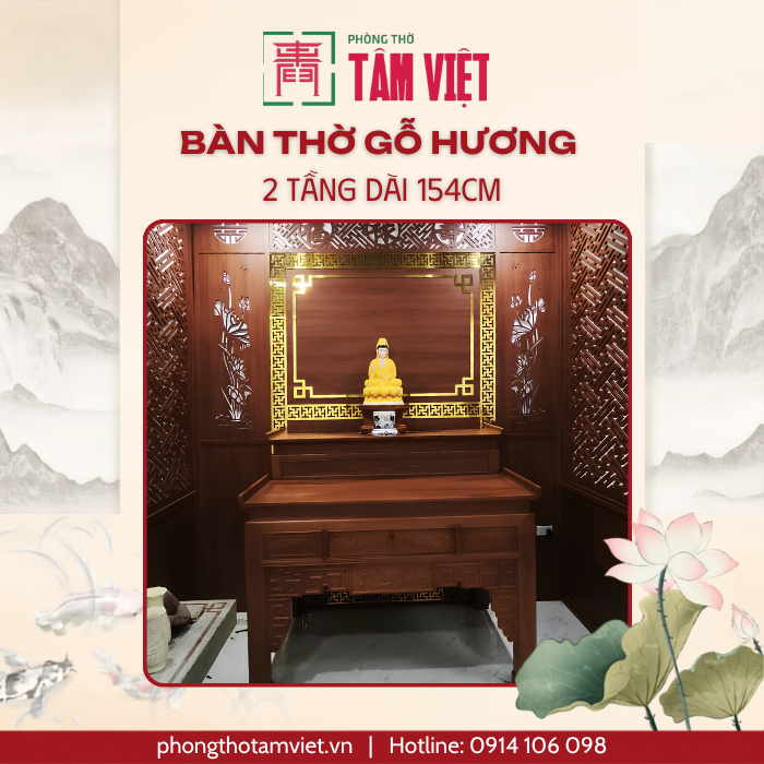Bàn thờ gỗ Hương 2 tầng 154cm kết hợp vách CNC | Phòng Thờ Tâm Việt