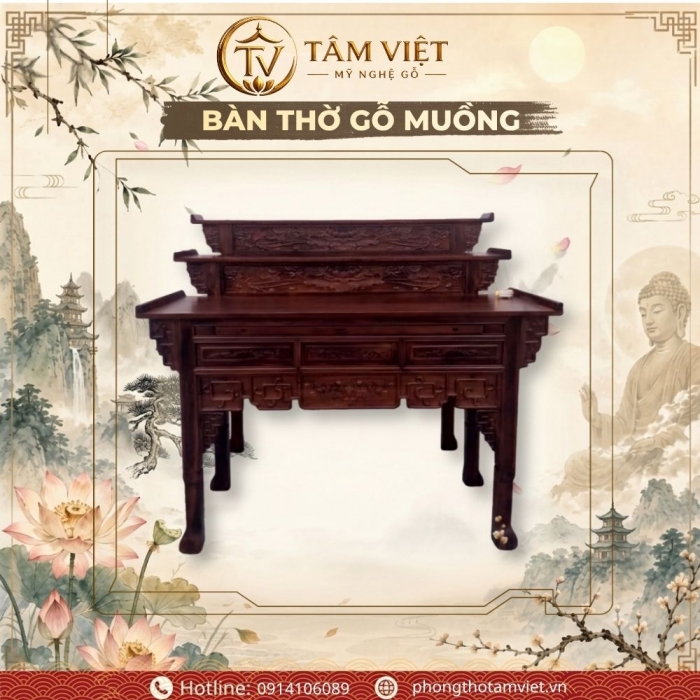 Bàn Thờ Gỗ Muồng 3 Tầng Cao Cấp  - Có Mâm Kéo & Vách Ngăn