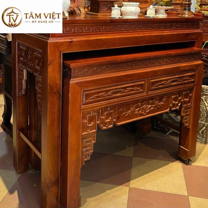 Bàn Thờ Gỗ Gõ Mật 1 Tầng 2 In 1 Với Bàn Cúng Con Thông Minh