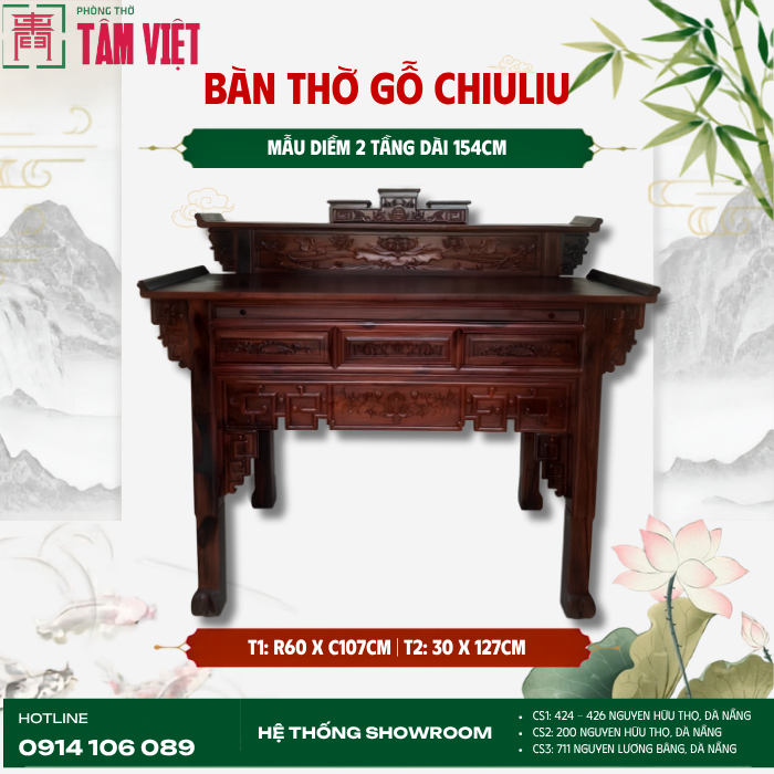 Bàn thờ Chiuliu 2 tầng 154cm chuẩn Lỗ Ban | Phòng Thờ Tâm Việt
