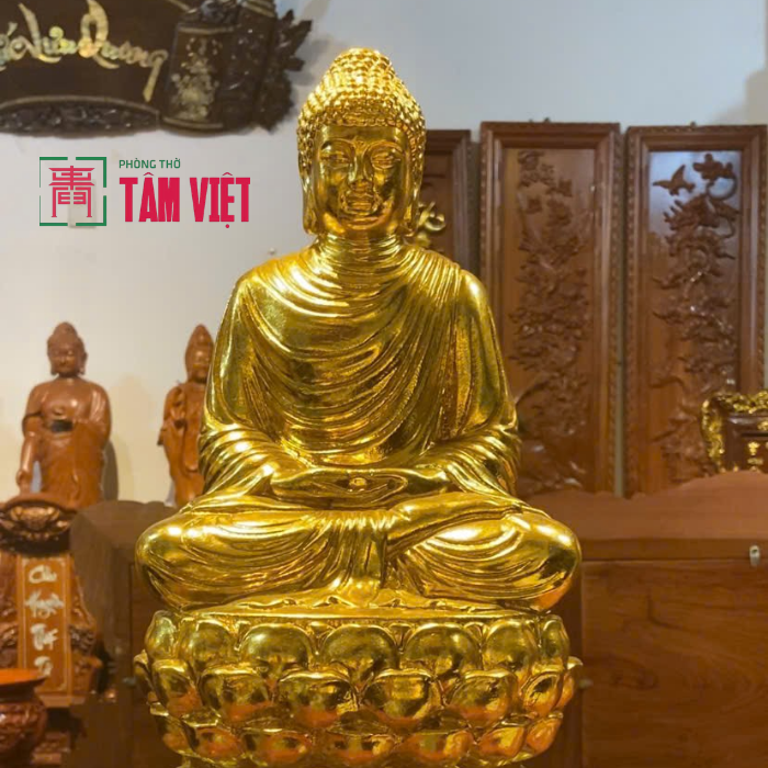 Tượng Phật Thích Ca Mâu Ni Gỗ Hương Dát Vàng Cao 37cm