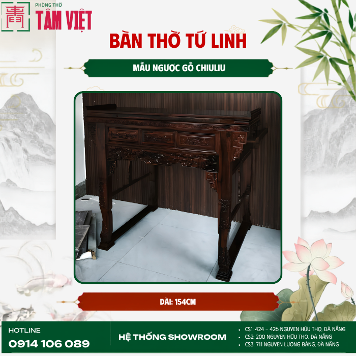 Bàn giao bàn thờ Tứ Linh gỗ Chiuliu 154cm | Phòng Thờ Tâm Việt