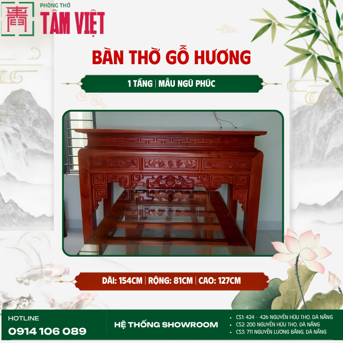 Bàn thờ gỗ Hương 1 tầng mẫu Ngũ Phúc 154cm | Phòng Thờ Tâm Việt