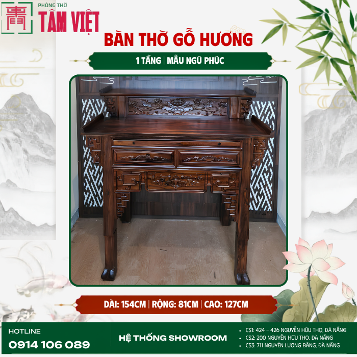 Bàn thờ gỗ Chiuliu 2 tầng mẫu Diềm 127cm | Phòng Thờ Tâm Việt