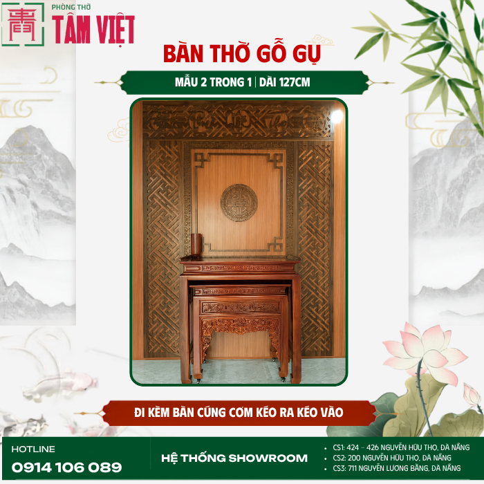 Bàn thờ gỗ Gụ 2 trong 1 127cm tích hợp bàn cúng cơm | Phòng Thờ Tâm Việt