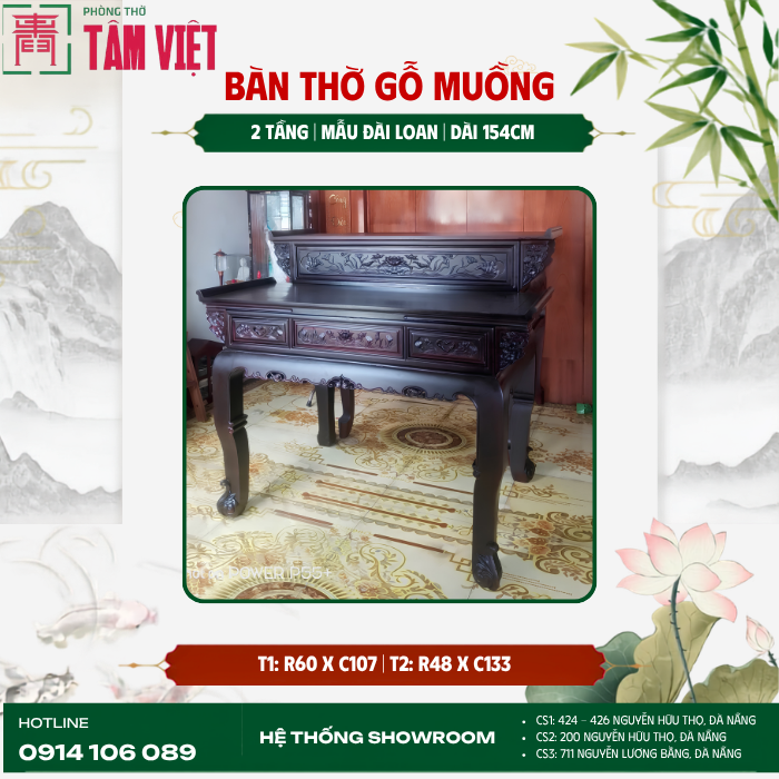 Bàn thờ 2 tầng mẫu Đài Loan gỗ Muồng 154cm | Phòng Thờ Tâm Việt