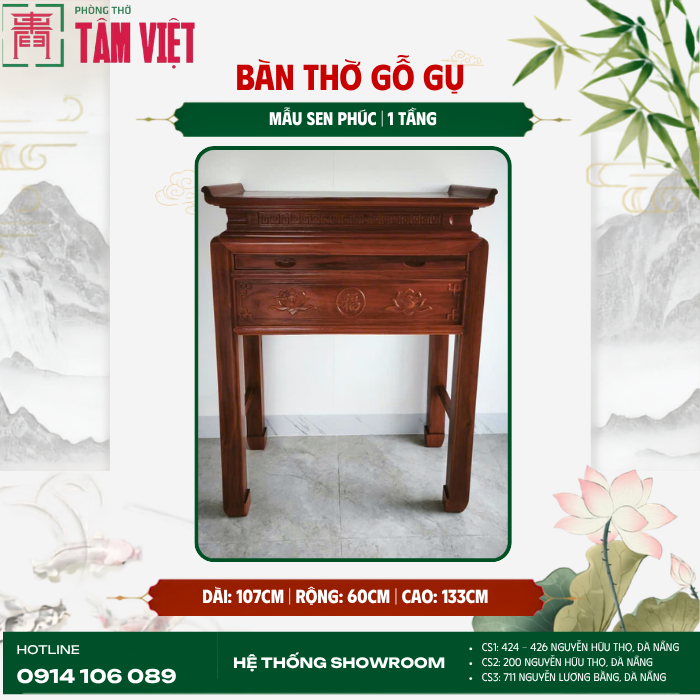 Bàn thờ gỗ Gụ mẫu Sen Phúc 107cm | Phòng Thờ Tâm Việt
