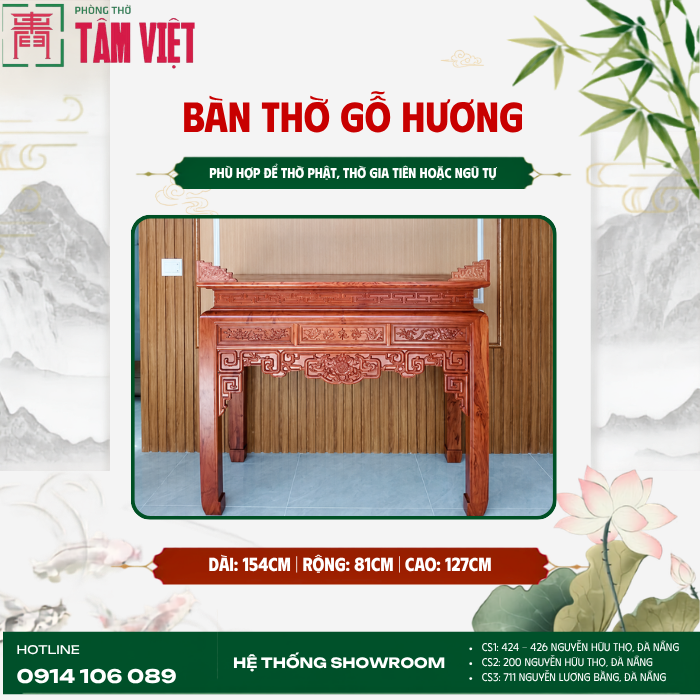 Bàn thờ gỗ Hương 154cm | Phòng Thờ Tâm Việt