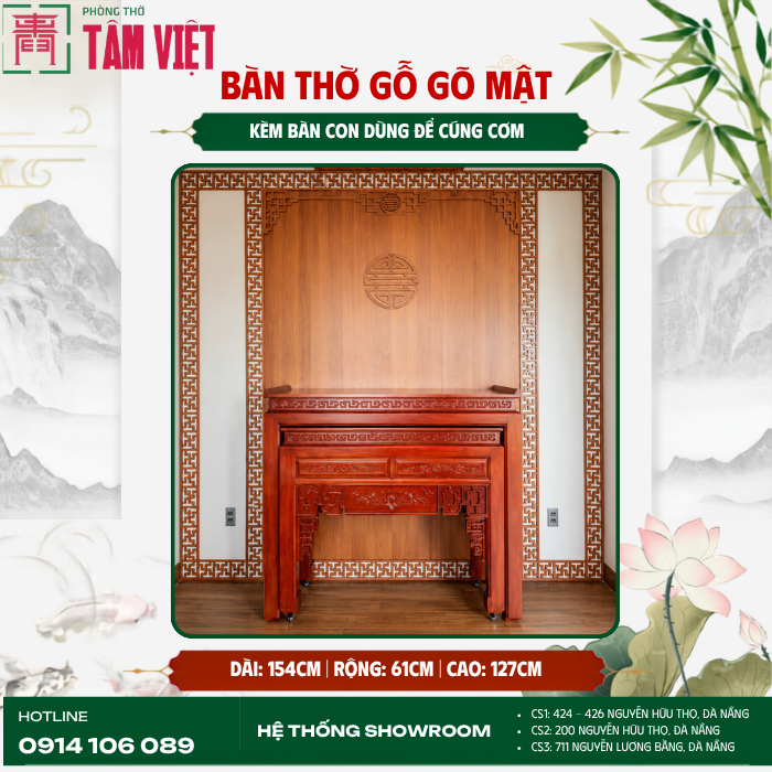 Bàn thờ gỗ Gõ Mật 2 trong 1 154cm | Phòng Thờ Tâm Việt