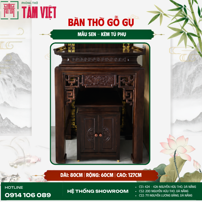 Bàn thờ gỗ Gụ 80cm kết hợp tủ phụ và vách MDF | Phòng Thờ Tâm Việt