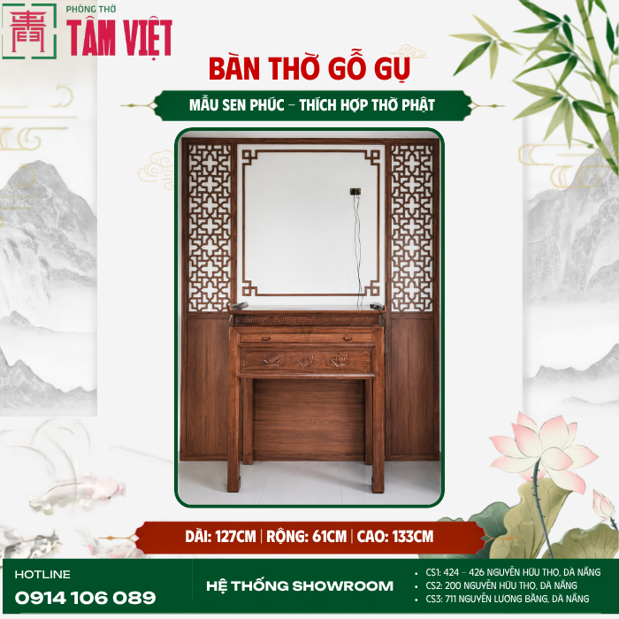Bàn thờ gỗ Gụ mẫu Sen Phúc 127cm | Phòng Thờ Tâm Việt