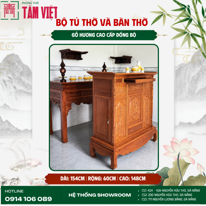 Bộ tủ thờ và bàn thờ gỗ Hương 154cm | Phòng Thờ Tâm Việt