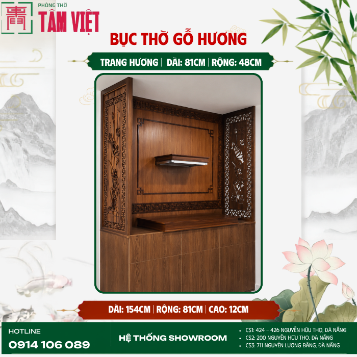 Không gian thờ đồng bộ với trang hương và bục thờ gỗ Hương | Phòng Thờ Tâm Việt