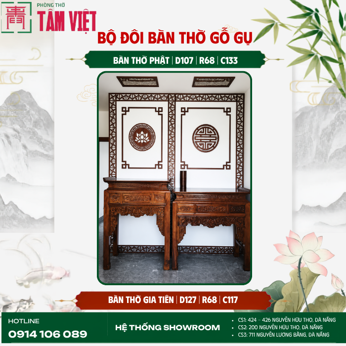 Bộ đôi bàn thờ gỗ Gụ thờ Phật và Gia tiên | Phòng Thờ Tâm Việt