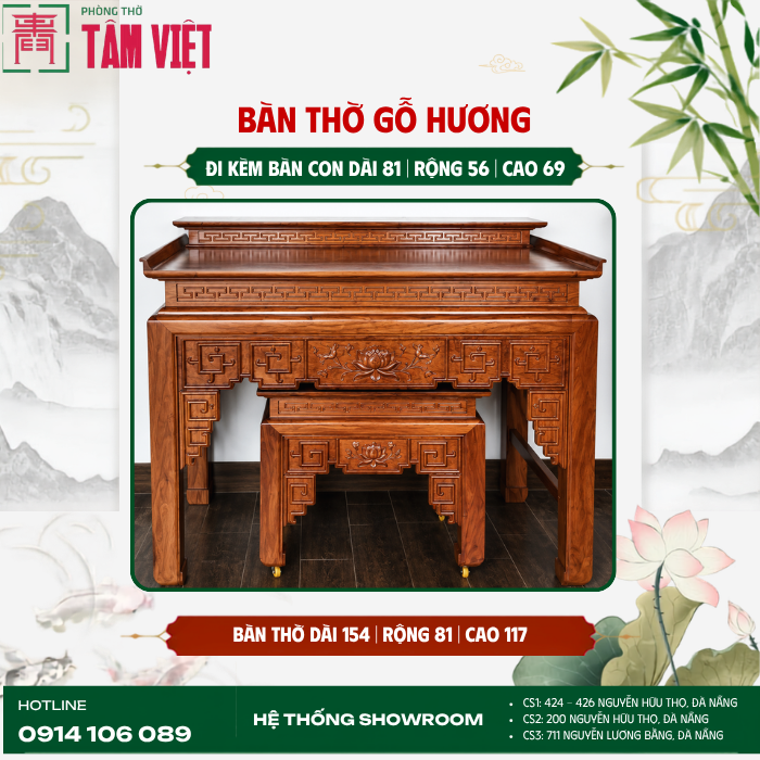 Bộ đôi bàn thờ gỗ Hương đồng bộ tại Cổ Mân 2 | Phòng Thờ Tâm Việt