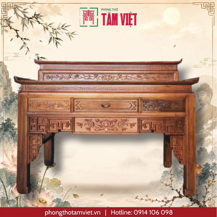 Bàn Thờ Gỗ Gụ 2 Tầng Mẫu Sen Dài 176cm Cho Không Gian Thờ Phật Và Gia Tiên