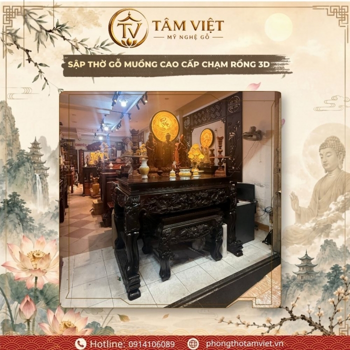 Sập Thờ Gỗ Muồng Chạm Rồng 3D Cao Cấp | Phòng Thờ Tâm Việt