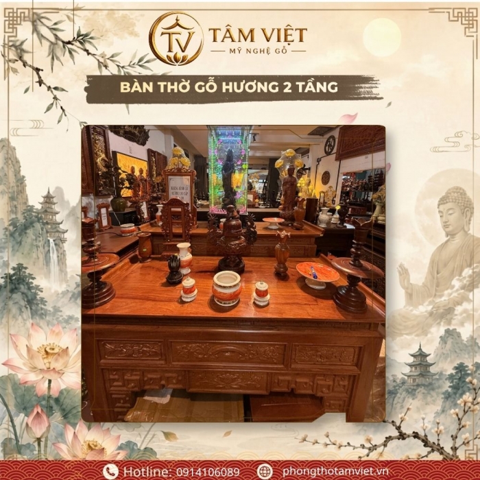 Bàn Thờ Gỗ Hương 2 Tầng Sang Trọng 154cm | Tâm Việt Đà Nẵng