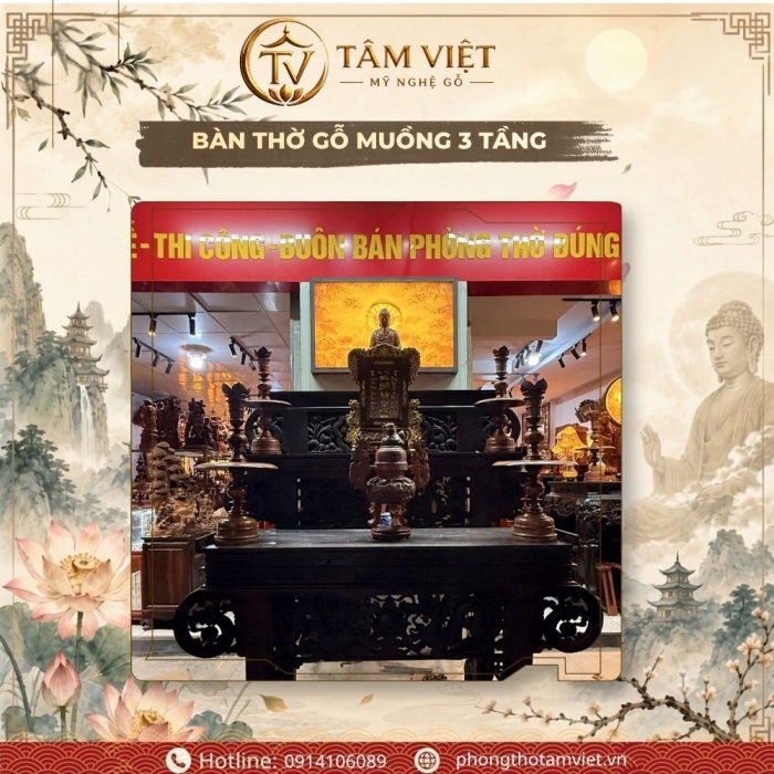 Bàn Thờ Gỗ Muồng 3 Tầng Chạm Long Phượng Chuẩn Lỗ Ban | Tâm Việt
