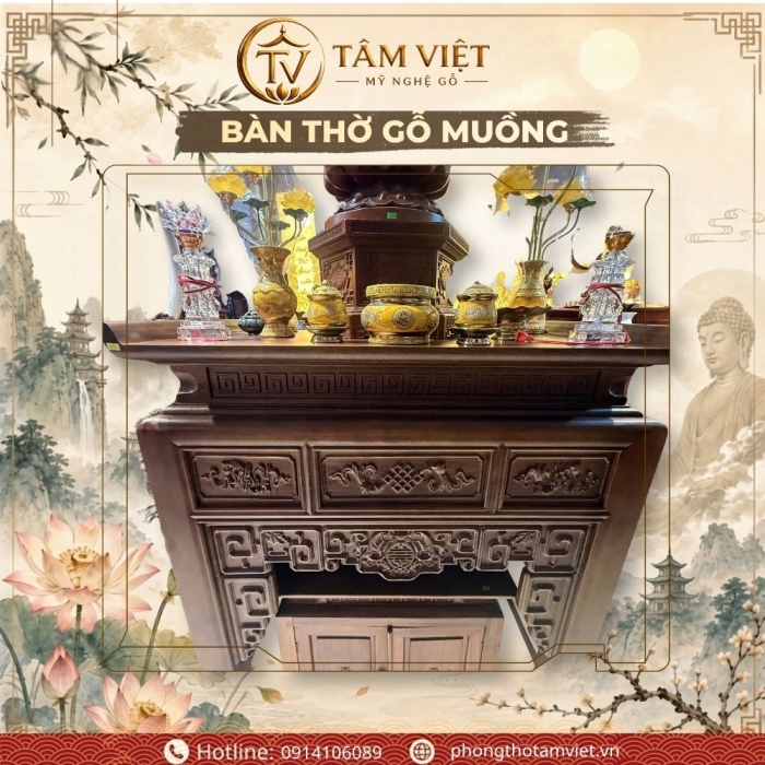 Bàn Thờ Phật Gỗ Gụ 107cm Nhỏ Gọn Cho Chung Cư | Tâm Việt Đà Nẵng