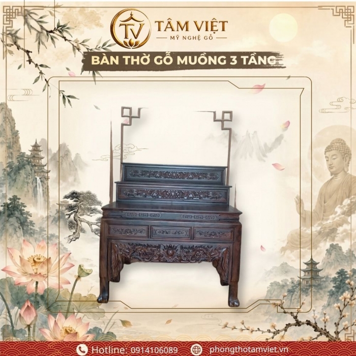 Dự Án Bàn Thờ Gỗ Muồng 3 Tầng Tại Nguyễn Lương Bằng | Tâm Việt