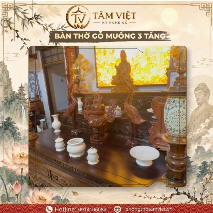Bàn Thờ Gỗ Muồng 3 Tầng 197cm Chạm Song Long | Tâm Việt Đà Nẵng