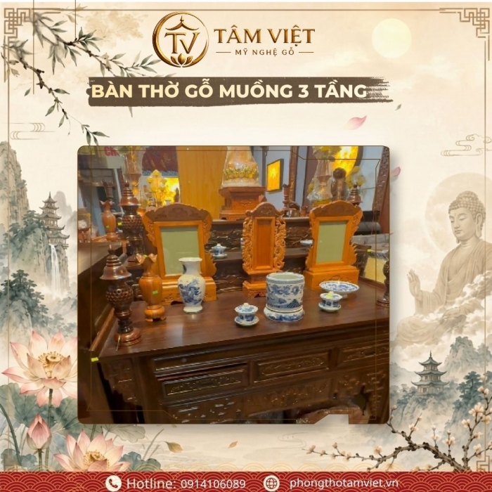 Bàn Thờ Gỗ Muồng 3 Tầng 154cm Cho Không Gian Vừa & Nhỏ | Tâm Việt