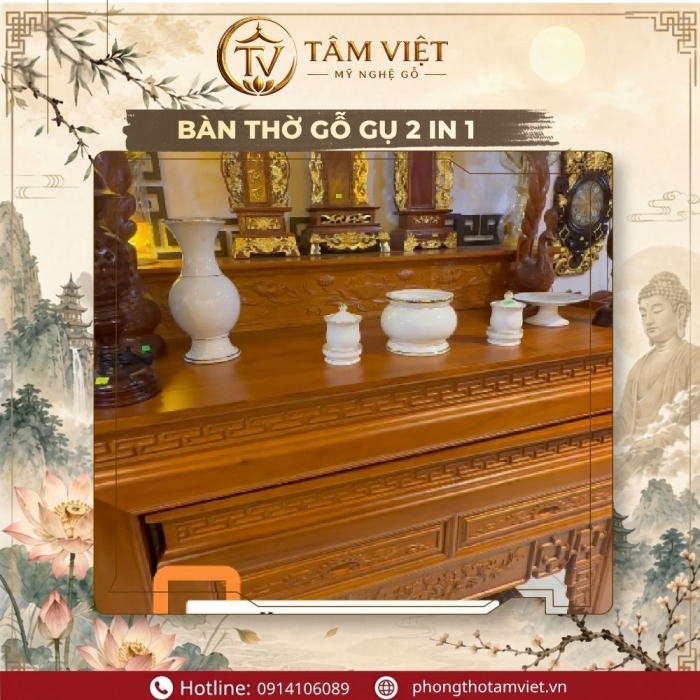 Bộ Bàn Thờ Gỗ Gõ Mật Cao Cấp Kèm Bàn Cơm Rộng Rãi | Tâm Việt