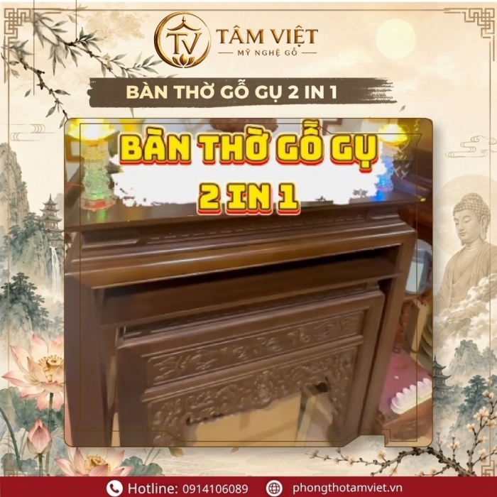 Bàn Thờ Gỗ Gụ 2 Trong 1 127cm Cho Không Gian Vừa Và Nhỏ | Tâm Việt