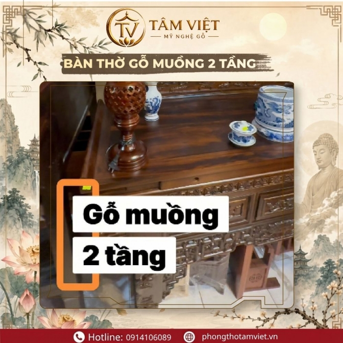 Bàn Thờ Gỗ Muồng 2 Tầng 154cm Kích Thước Chuẩn Lỗ Ban | Tâm Việt