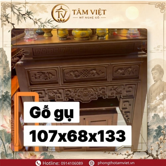Bàn Thờ Gỗ Gụ Nhỏ Gọn 107cm Cho Chung Cư & Nhà Hẹp | Tâm Việt