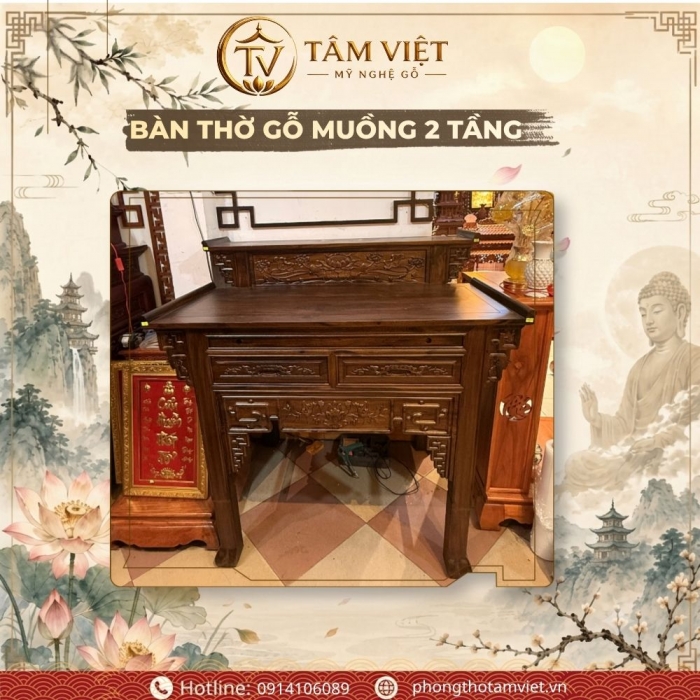 Bàn Thờ Gỗ Muồng 2 Tầng Cao Cấp (127x60x107) – Giải Pháp Không Gian Thờ Tự Thông Minh