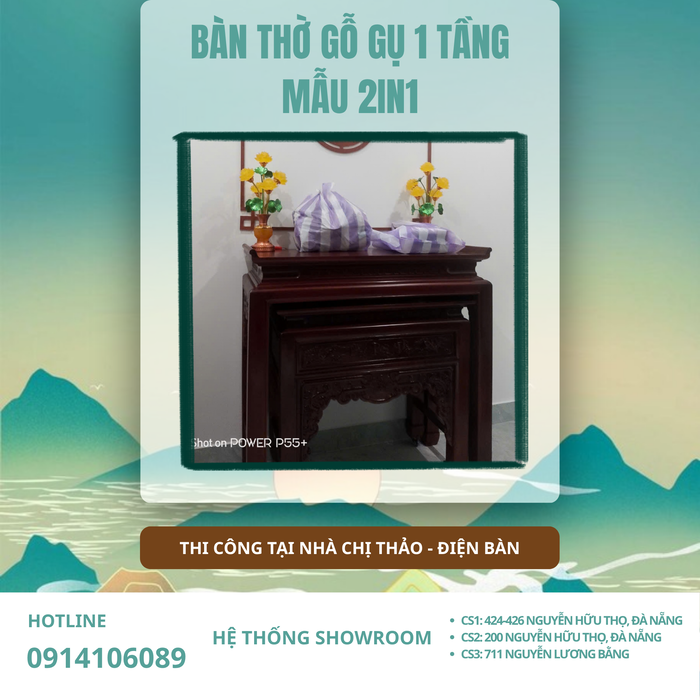 THI CÔNG BÀN THỜ GỖ GỤ 1 TẦNG 2 TRONG 1 – CHỊ THẢO, ĐIỆN BÀN | 127×60×127CM