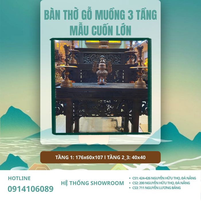 BÀN THỜ GỖ MUỒNG 3 TẦNG MẪU CUỐN LỚN – SONG LONG, ĐÔI PHƯỢNG, HOA SEN