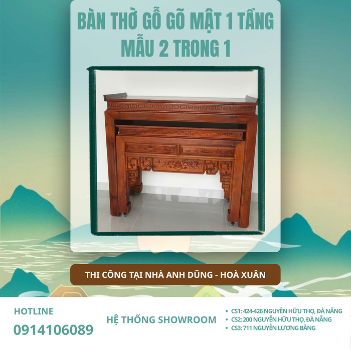 Thi Công Bàn Thờ Gỗ Gõ Mật 1 Tầng 2 Trong 1 – Anh Dũng, Hòa Xuân | 154×68×133cm