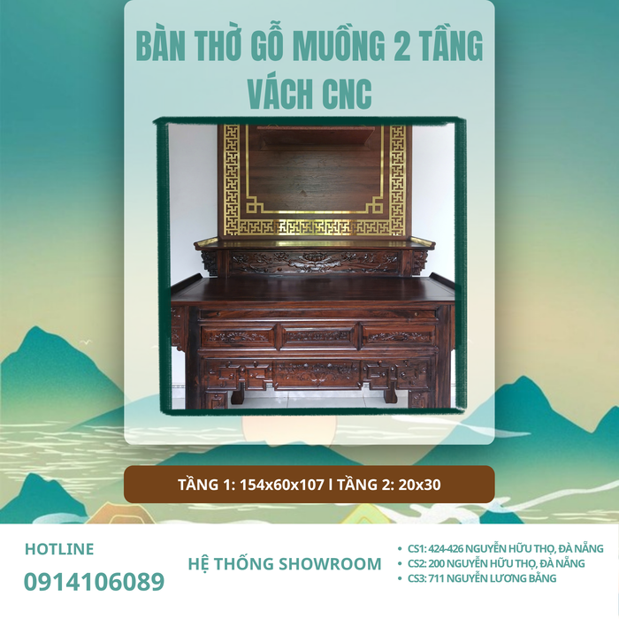 THI CÔNG KHÔNG GIAN THỜ ANH HÙNG – VĨNH ĐIỆN | BÀN THỜ GỖ MUỒNG 2 TẦNG & VÁCH CNC ALU ĐỒNG