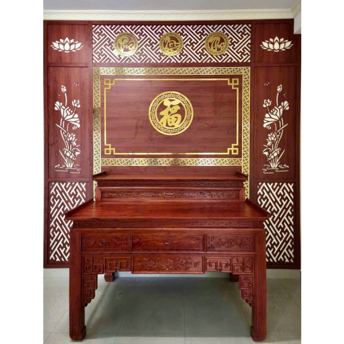 Bàn Thờ Gỗ Hương 2 Tầng – Vách CNC Đồng Bộ